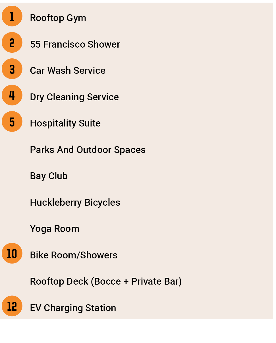 ￼,Rooftop Gym,￼,55 Francisco Shower,￼,Car Wash Service,￼,Dry Cleaning Service,￼,Hospitality Suite,,Parks And Outdoor ...