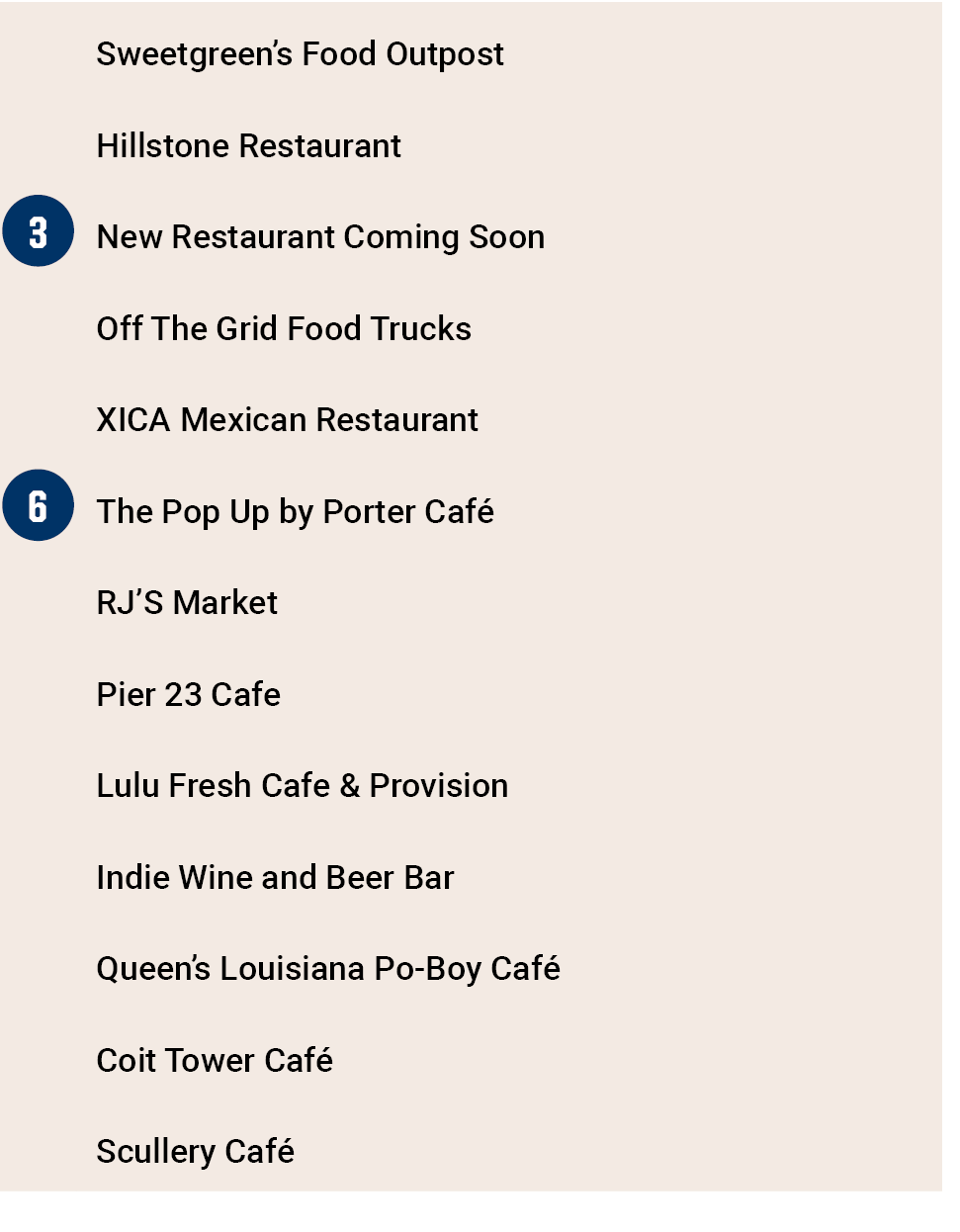 ,Sweetgreen’s Food Outpost,,Hillstone Restaurant,￼,New Restaurant Coming Soon,,Off The Grid Food Trucks,,XICA Mexican...
